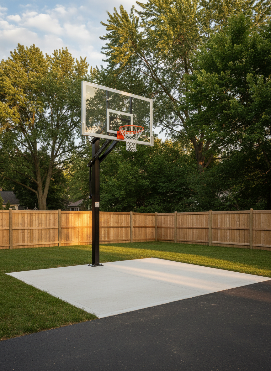 A suburban backyard scene in the northern Chicago suburbs featuring a freshly installed in-ground basketball hoop set in a smooth, perfectly leveled concrete pad beside a tidy driveway. The backboard is crystal clear with a solid metal rim and taut net, aligned precisely vertical. A well-maintained lawn, wooden privacy fence, and mature trees surround the installation. Late afternoon golden-hour sunlight casts long, soft shadows and warm highlights on the hoop and ground. Photographic realism, captured from a low-angle perspective looking slightly up at the backboard, emphasizing durability and precision. The mood is energetic yet orderly, suggesting safe, professional installation for family use.