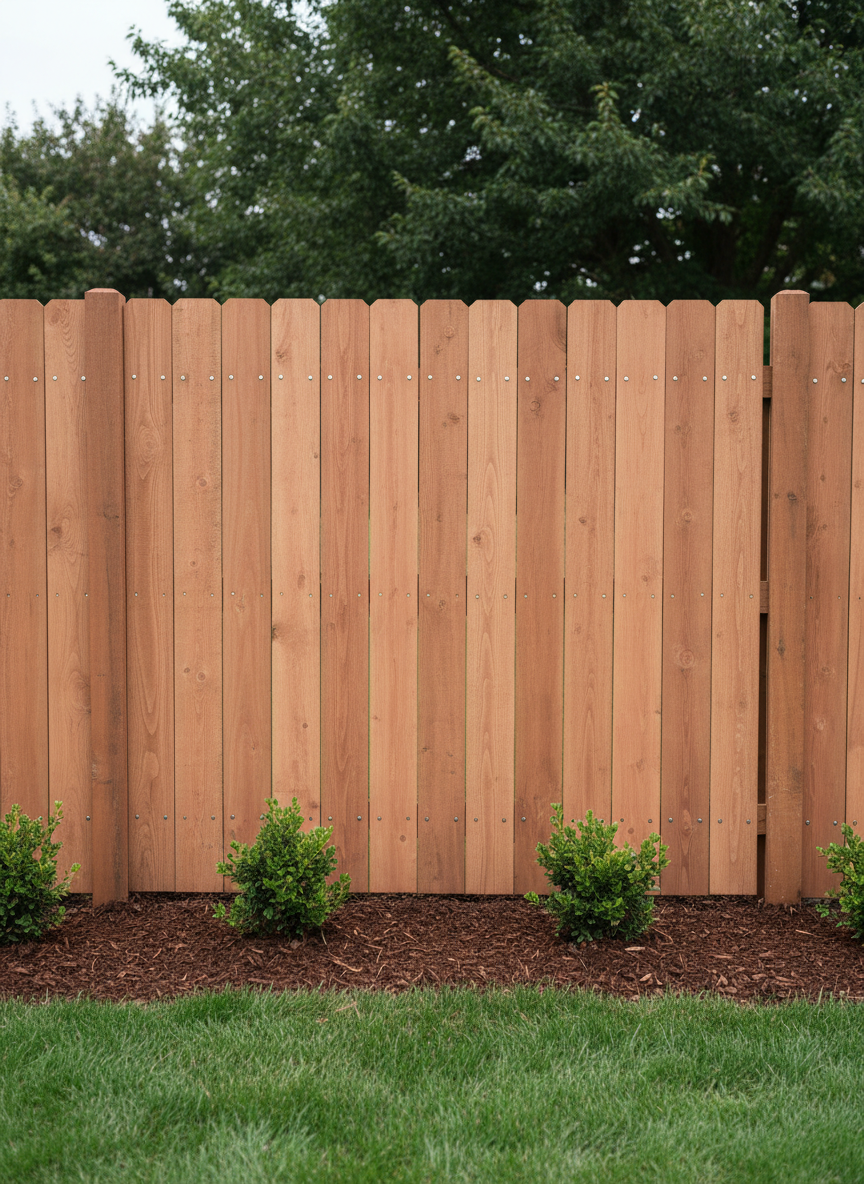 A classic cedar backyard fence with one section clearly repaired to look seamless, the newly replaced pickets carefully matched in color and texture to the older wood. Stainless-steel fasteners sit flush, and the posts are straight and plumb. A manicured lawn and simple garden bed with mulch and low shrubs run along the fence line. Soft overcast daylight gives even, diffused lighting, reducing harsh shadows and emphasizing the clean lines of the repair. Photographic realism, shot straight-on at eye level for a clear before-and-after style composition, with the repaired area subtly highlighted by leading lines. The mood is reassuring and dependable, showing meticulous fence repair work.